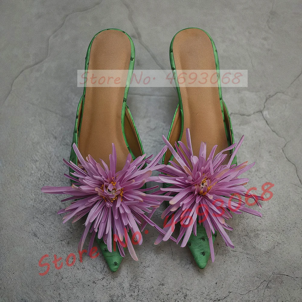 Green Mid Heeled Mules With Flower Applique Women Elegant Opened Pointy Toe Slippers Stylish Outside Ostrich Leather Print Shoes