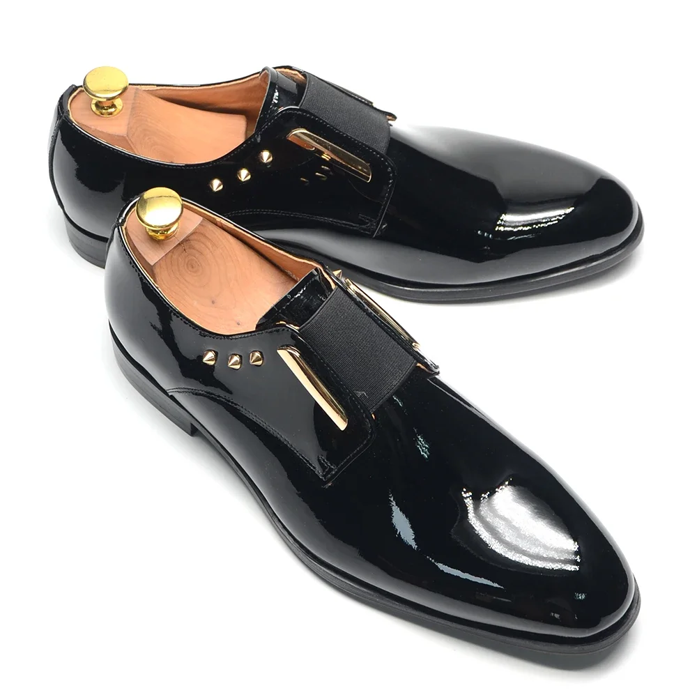 Luxury Men's Party Evening Dress Shoes 2024 Natural Cowhide Patent Leather Gold Rivets Suits Loafers Elastic Band Slip-on Derby