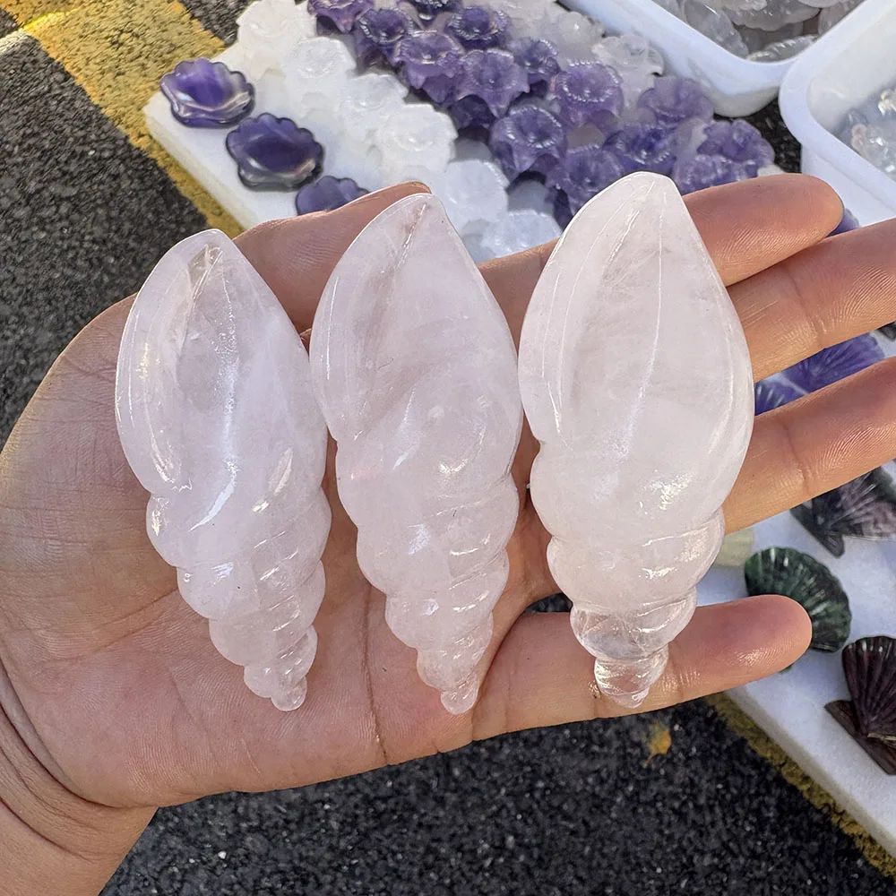Natural Clear Quartz Conic Shell Figurine - 7cm Hand-Carved Crystal Sea Creature Statue for Collectible Decor