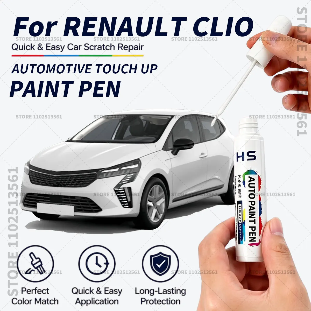 Bolígrafo de Pintura para Reparación de Arañazos en Autos RENAULT CLIO 1990-2025, Color Rojo Llama, Blanco Glaciar, Gris Rafale, Azul Icónico, Negro, en Diversas Tonificaciones