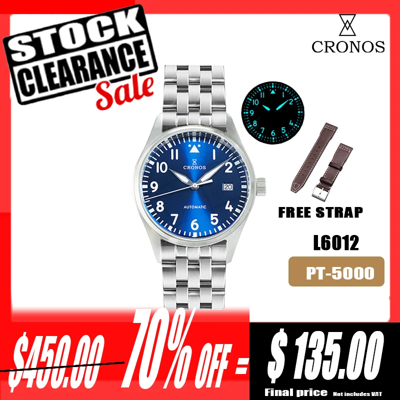 Cronos Pilot Flieger Mechanical Men Watch 39mm Stainless steel Super Lum Domed Sapphire Crystal 5links Bracelet L6012