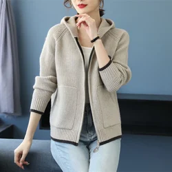Women's Knitted Wool Hooded Coat with Zipper, Cashmere Sweater, Loose Short Cardigan, Long Sleeve, New Tops, Fall, Winter, 2023
