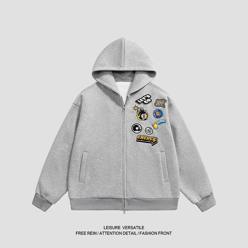 

Толстовка на молнии с мультяшными нашивками — мягкий хлопок унисекс в стиле оверсайз, повседневная свободная посадка, идеально подходящая для мужчин и женщин, повседневная одежда