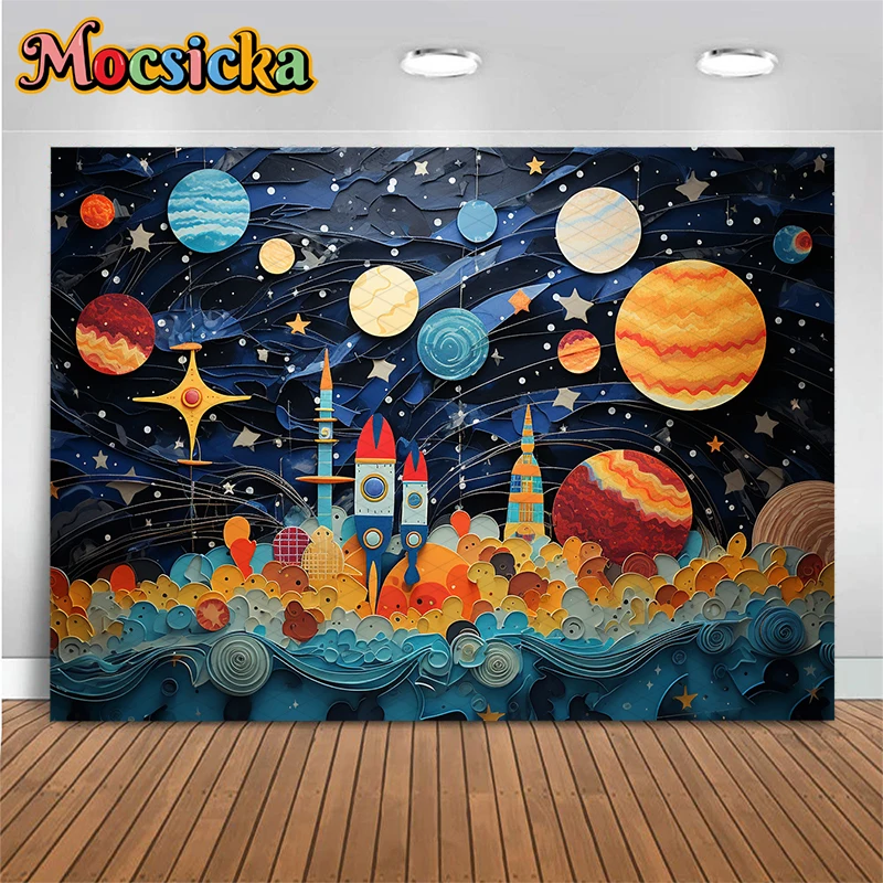 Universe Space Rocket Background Photography Cartoon Spaceship Mars Children Shower Boy Happy Birthday Wallpaper Decor Backdrop