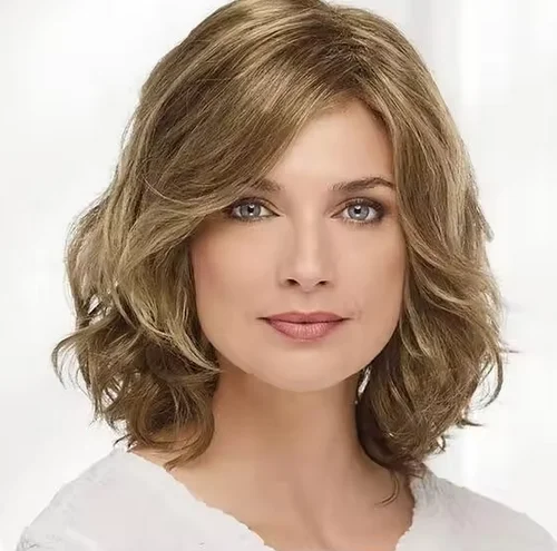 Mid-Length Wig with Swept Bang Synthetic Hair Wavy Wigs for Party