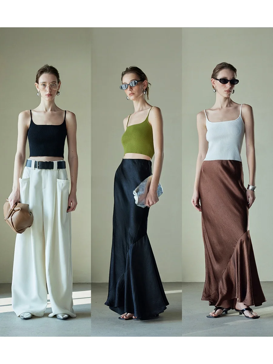 MOGAS High-End Custom-Dyed Knitted Vest Top Women's Spring Fashion Slim Fit Shoulder Strap Long Short One-Shoulder Base Layer