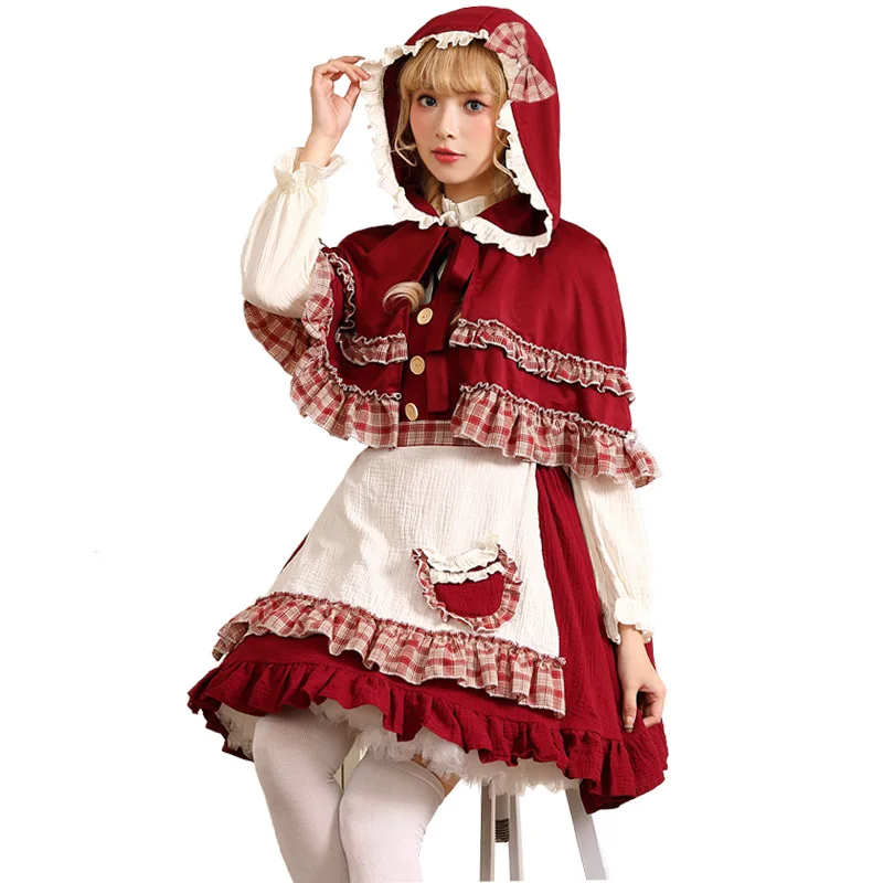 Halloween Lolita Dress Cape Soft Girl Style Women's Role-playing Costume Little Red Riding Hood Cosplay Traditional Ethnic Wo...