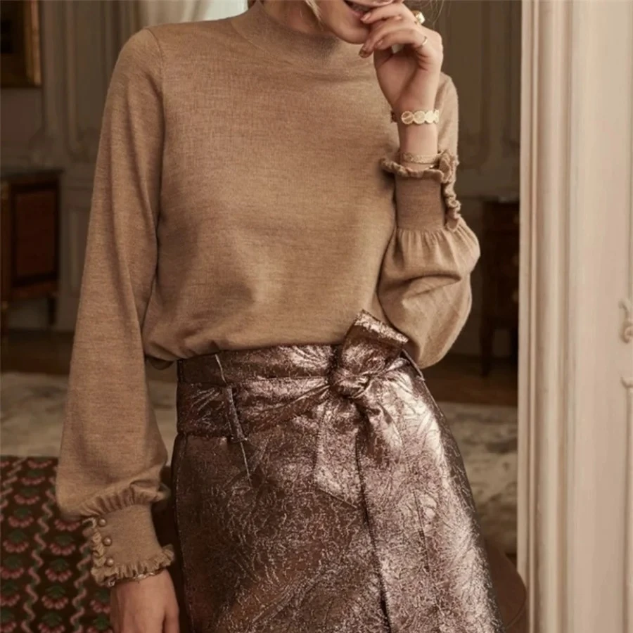 

2026 Spring Women's Half Turtleneck Hollow Out Sweater Palace Style Lantern Sleeves Stringy Selvedge Button Bottoming Top