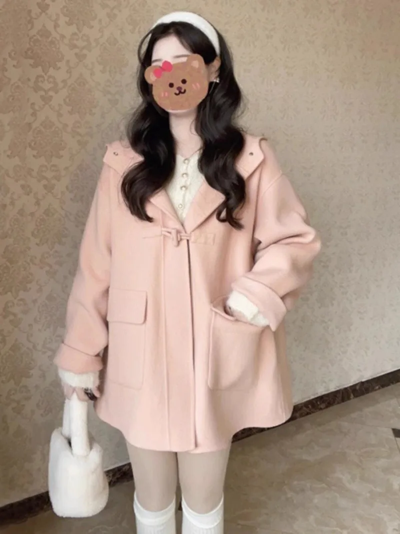 MiiiiX Sweet Elegant Pink Hooded Woolen Coat Horn Button Mid-length Loose Jacket Casual Outerwear 2024 Autumn Women's Clothes