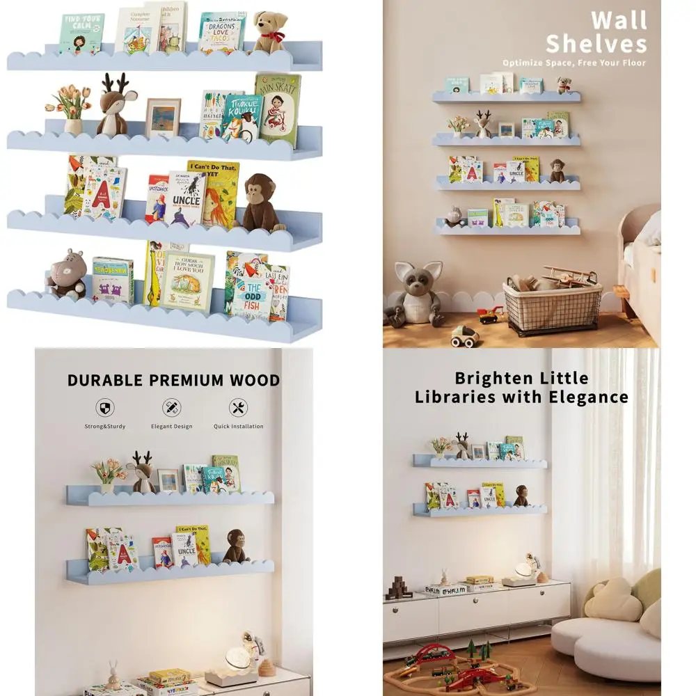 

White 4-Piece Nursery Floating Shelves, Scalloped Design for Kids' Rooms, 23 Blue, Ideal for Books and Decor