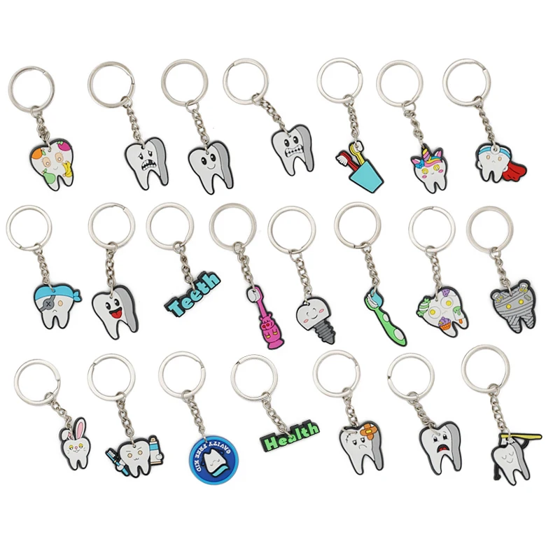 10pcs Tooth Shaped PVC Keychains Keyring Cartoon Lovely Teeth Key Chain Handbag Accessories Girls Kids Gift