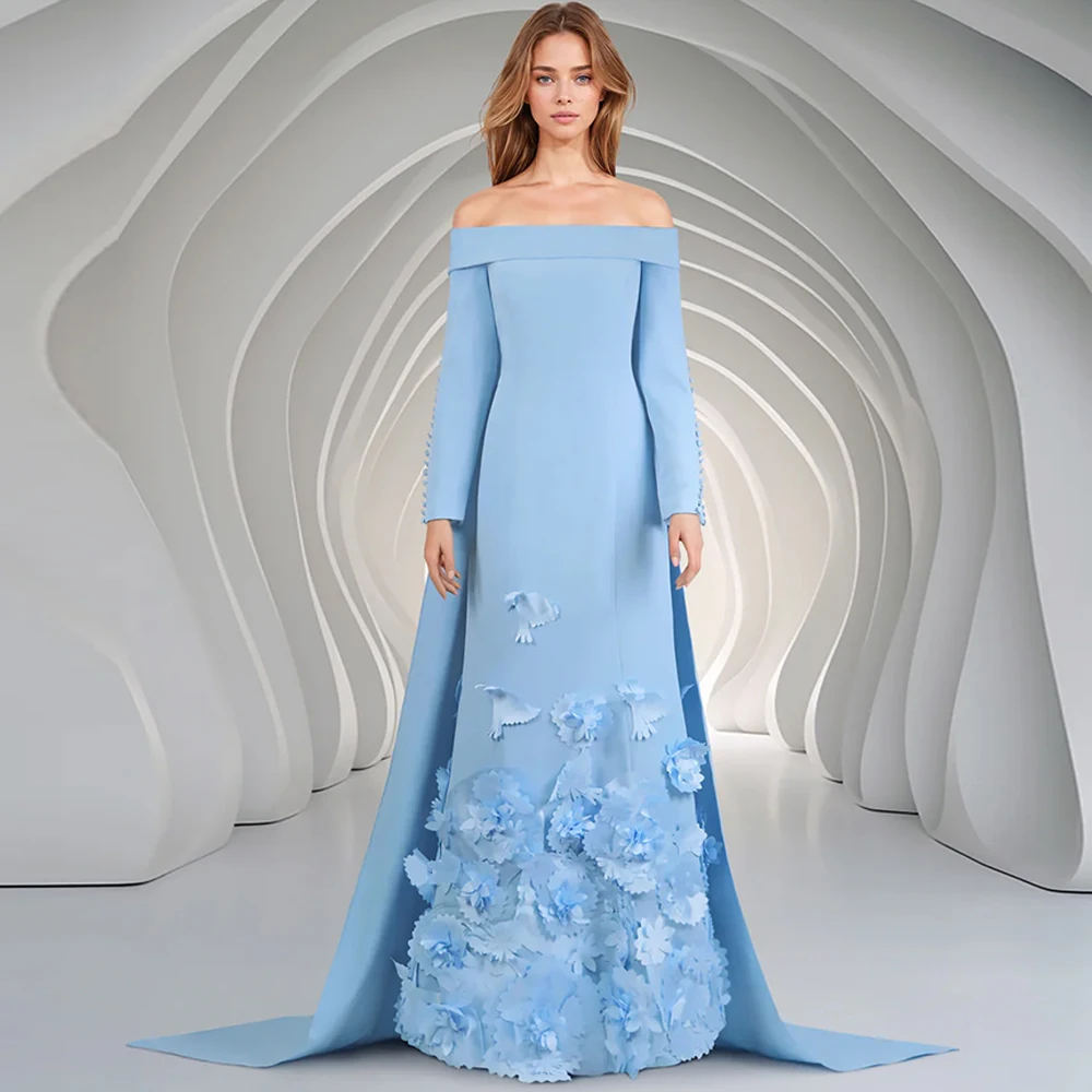 

Индивидуальные изысканные и формальные вечерние платья с объемными цветами, синий трикотаж, шлейф Ватто, вырез лодочкой, прямой рукав на пуговицах