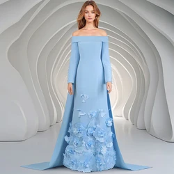 Abiti da sera personalizzati con fiori 3D squisiti e formali Abito da festa con maniche a bottoni dritti con scollo a barca in jersey blu Watteau