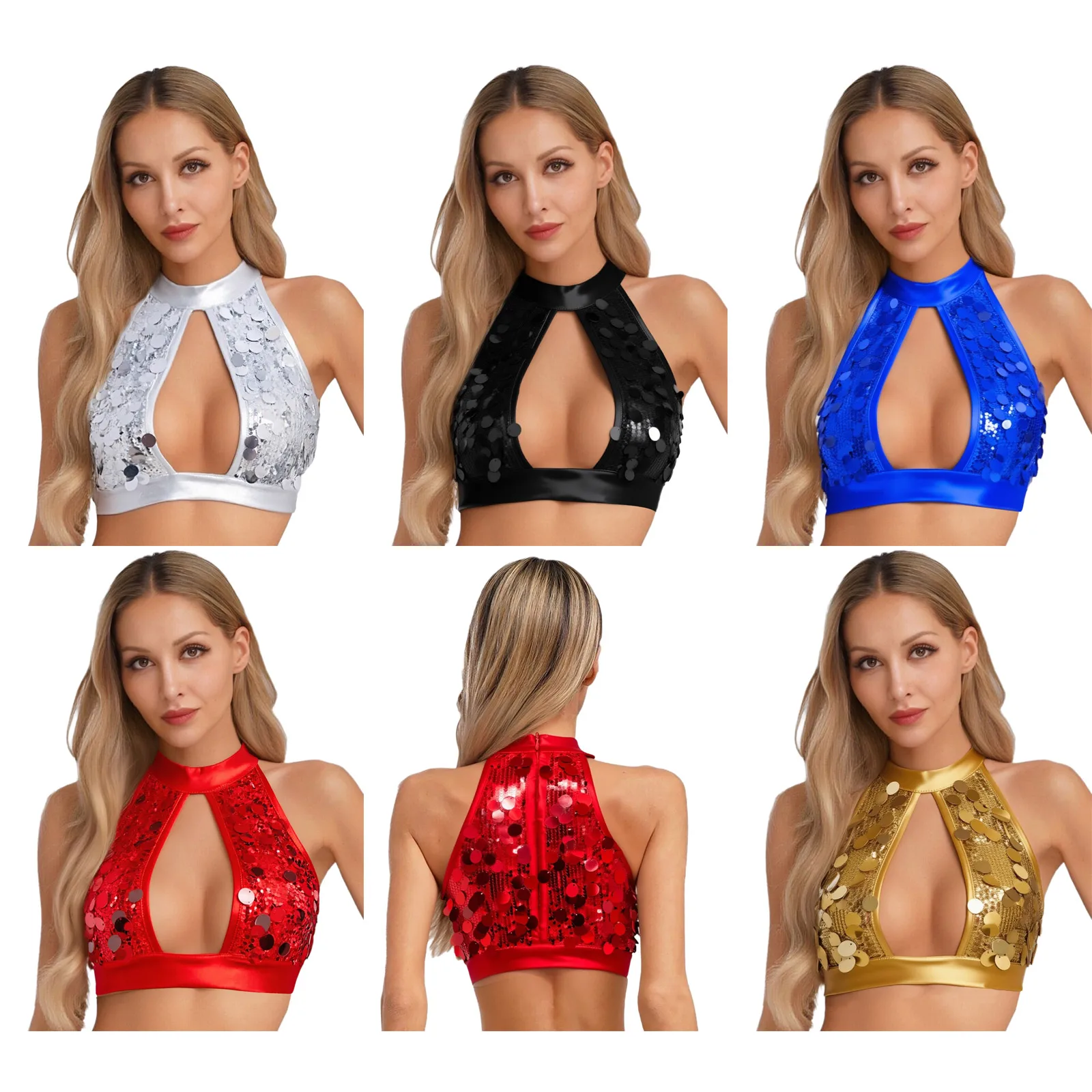 

Women Sparkle Sequin Halter Crop Top Nightclub Sleeveless Glitter Front Cutout Zipper Cami Tank Top for Rave Party Clubwear