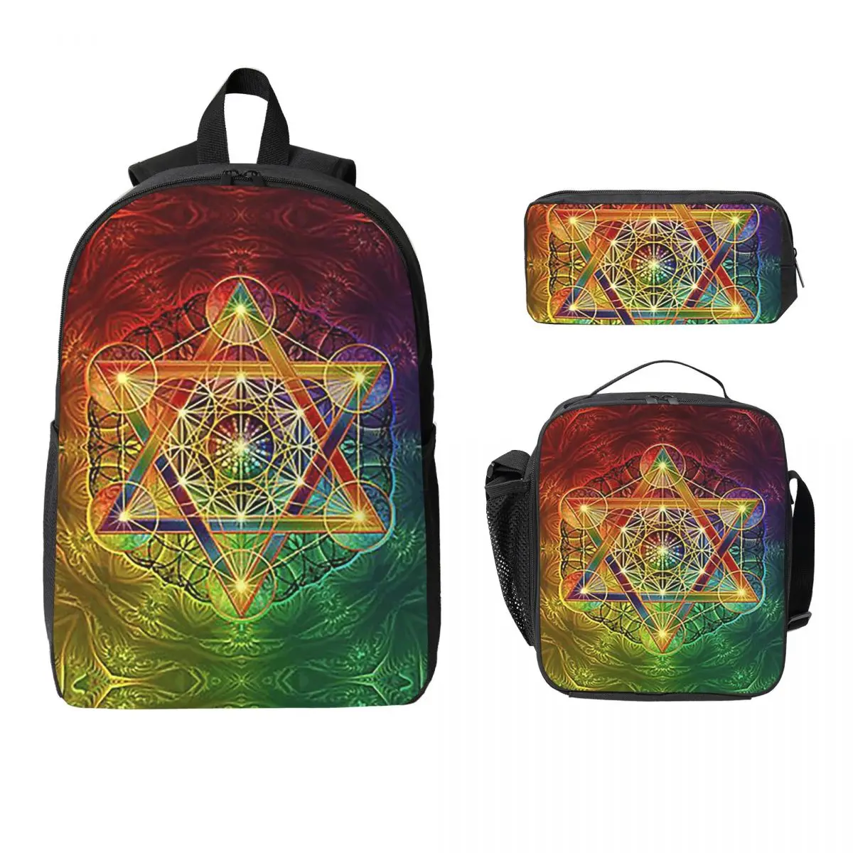 

Metatron's Cube With Merkabah And Flower Of Life Backpack BookBag School Bag Shoulder Bags 3ps Insulated Lunch Bag Pencil Case