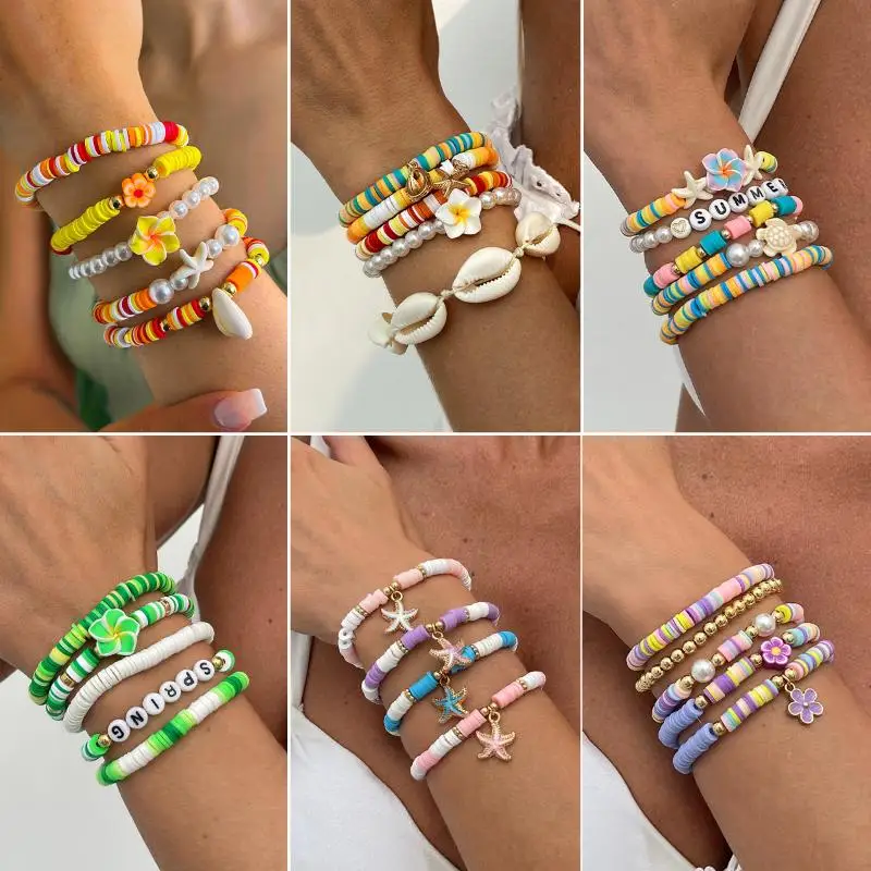 

Multilayer Imitation Pearl Soft Ceramic Bracelets Set Women Creative Starfish Flower Bracelets Summer Beach Jewelry