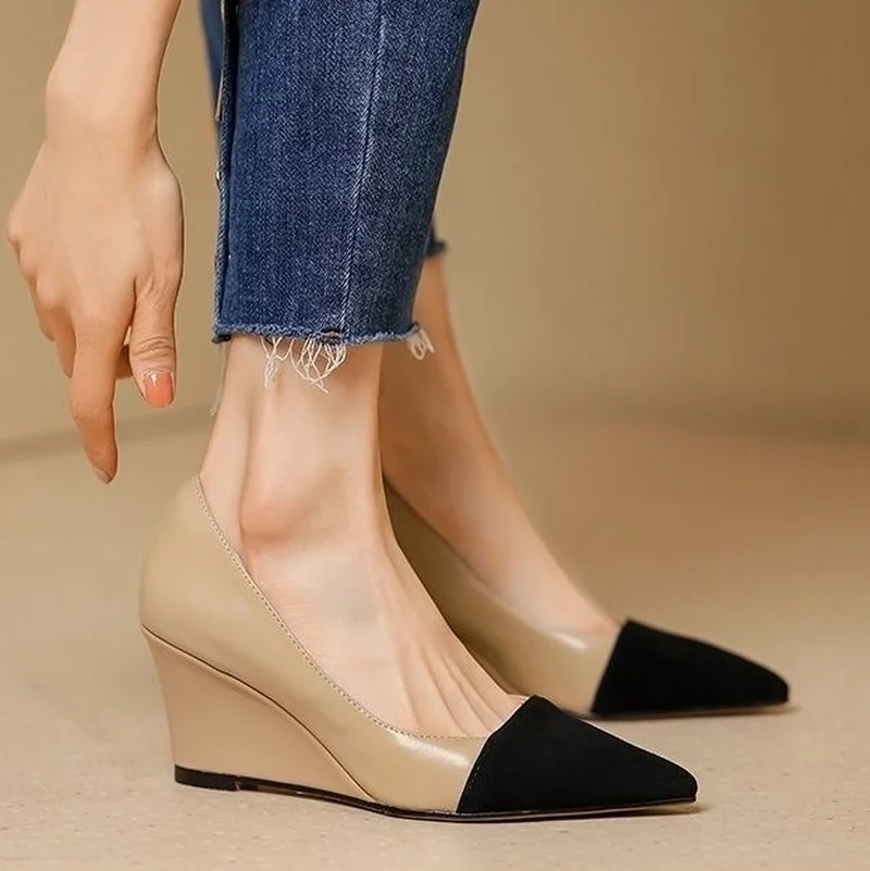 FHANCHU Europea 2023 zeppe in pelle di montone scarpe da lavoro per ufficio, décolleté da donna, tacchi alti, Slip On, punta a punta, oro,