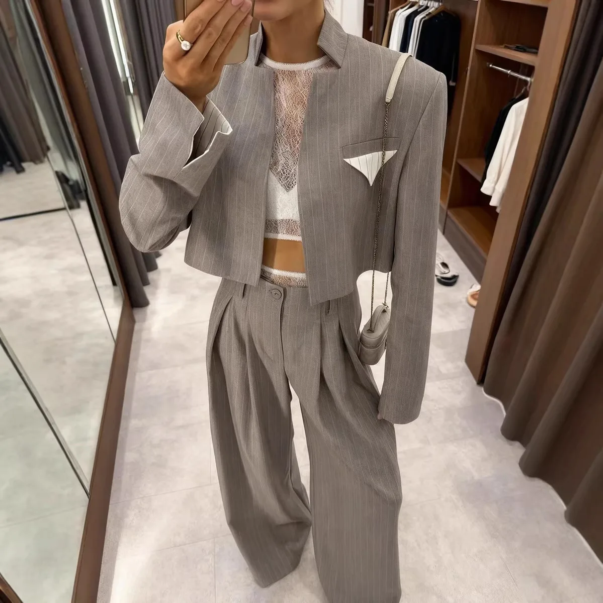 2026 New Gray Stripe Short Suit Jacket Top Loose Wide Leg Pants Two Piece Casual Women Fashion Suit Set
