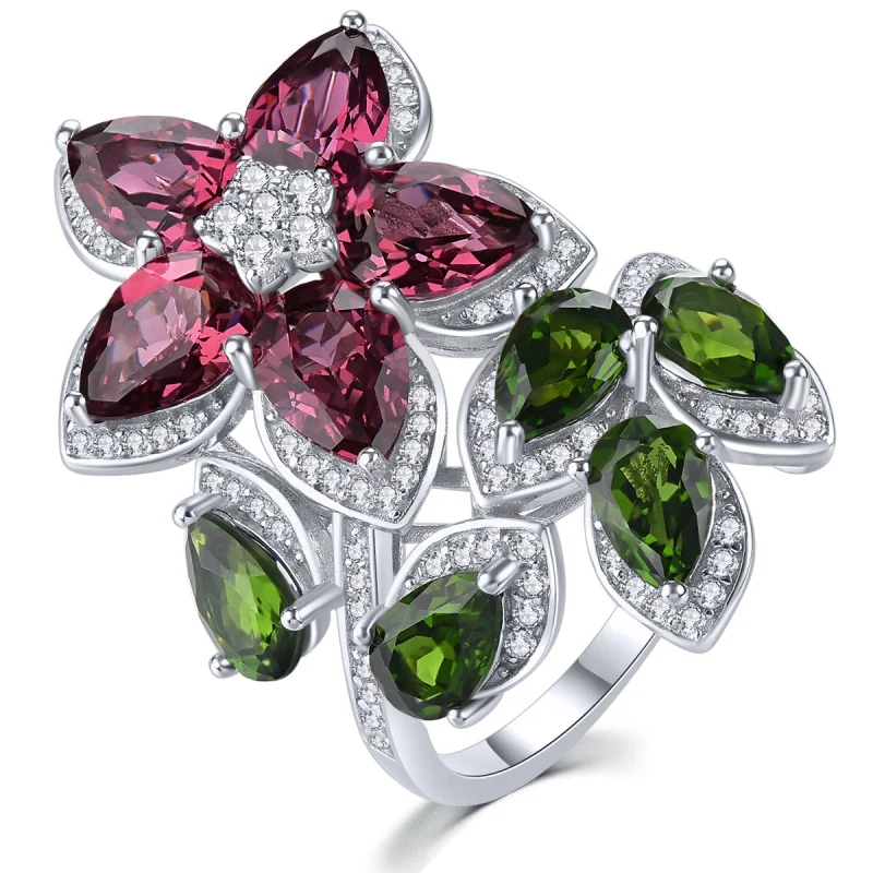 

Pure 6.8 Carat Solid Sterling Silver 925 Ring Original Natural Rhodolite Garnet Chrome Diopside Ring Real Garnet Stone Ring