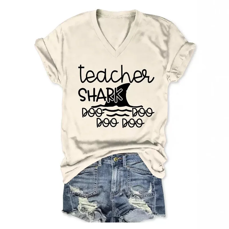 New fashion summer women's cotton teacher shark boo Shark print cute retro V-neck T-shirt short sleeve