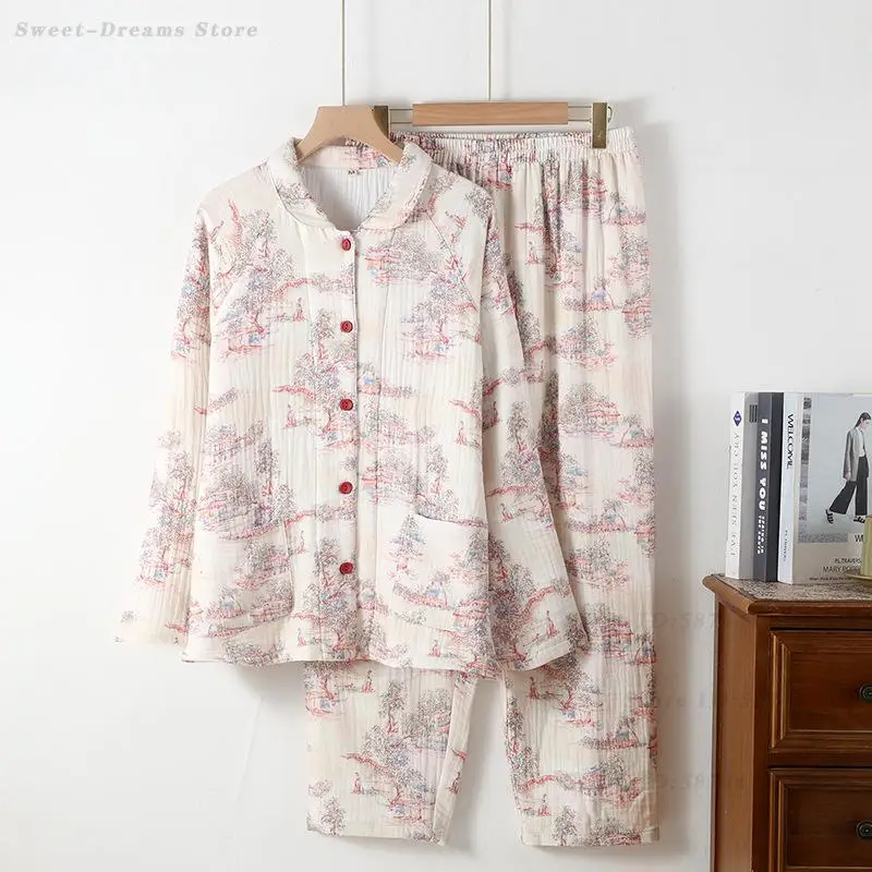 New Female Pajamas 2Pcs Set Loungewear Cotton Long Sleeve Pijamas Suit Lingerie Loose Casual Women's Printed Sleepwear Homewear
