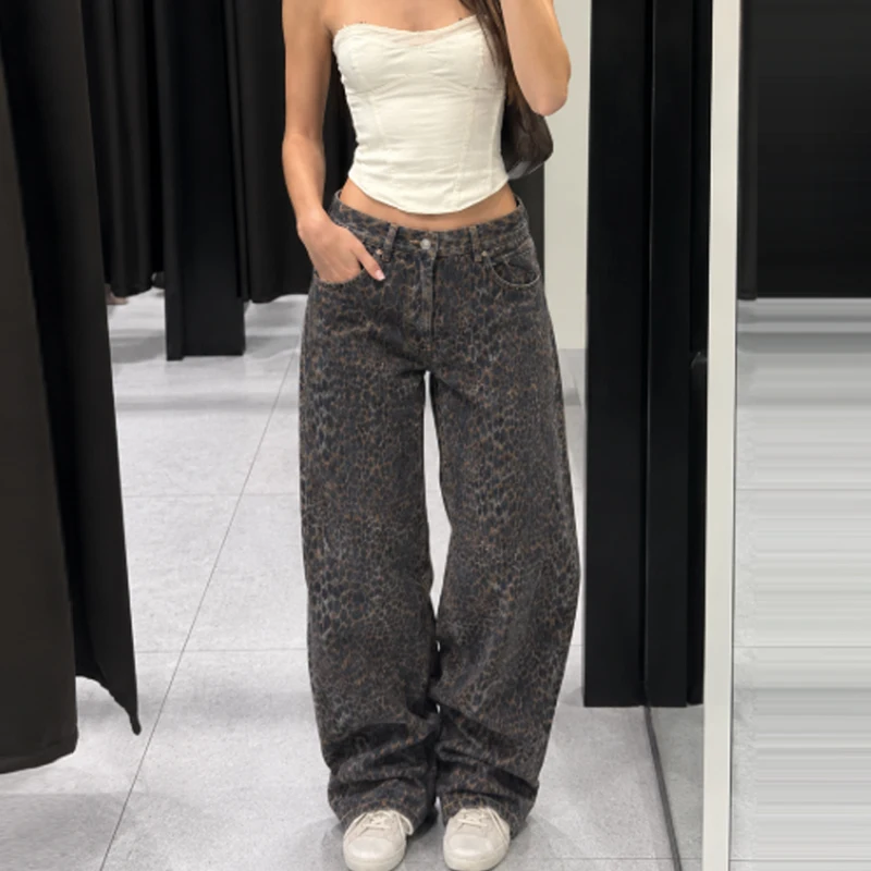 HXAO Baggy-Hose mit Tiermuster, Damenjeans, Herbst 2026, Vintage, hohe Taille, lockere, weite Beine, Denim-Fasshose, Streetwear-Hose – Detail 6