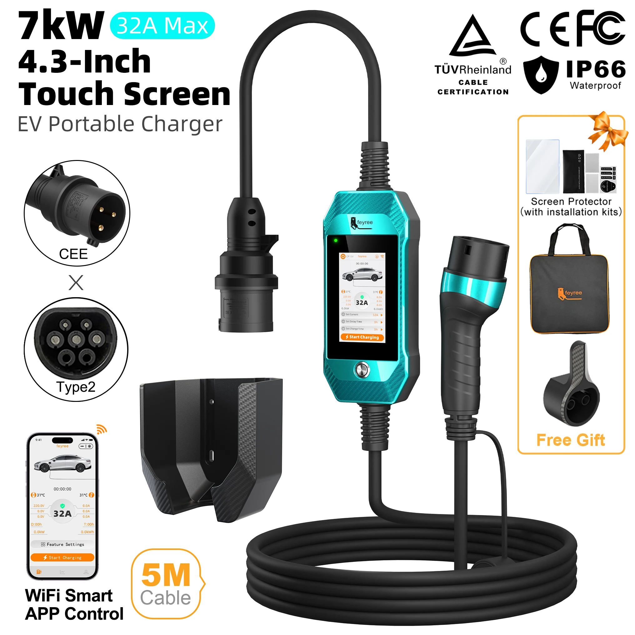 Feyree 4,3 inch touchscreen type 2 slimme WiFi APP-gestuurde draagbare EV-lader 7kW thuislader voor elektrische auto's - afbeelding 1
