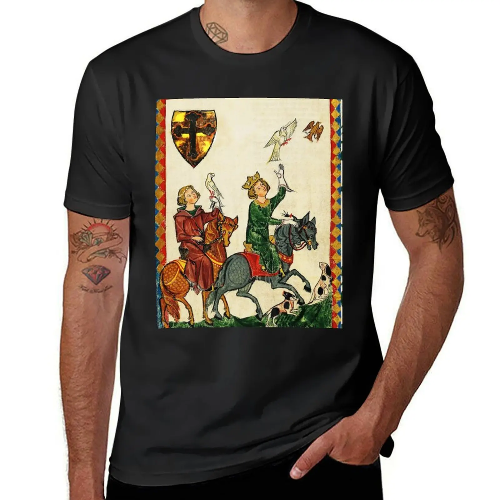 

KING KONRAD THE YOUNGER ON HORSEBACK WITH FALCONS,MEDIEVAL FALCONRY MINIATURE WITH WILD ROSES T-Shirt tees mens t shirt
