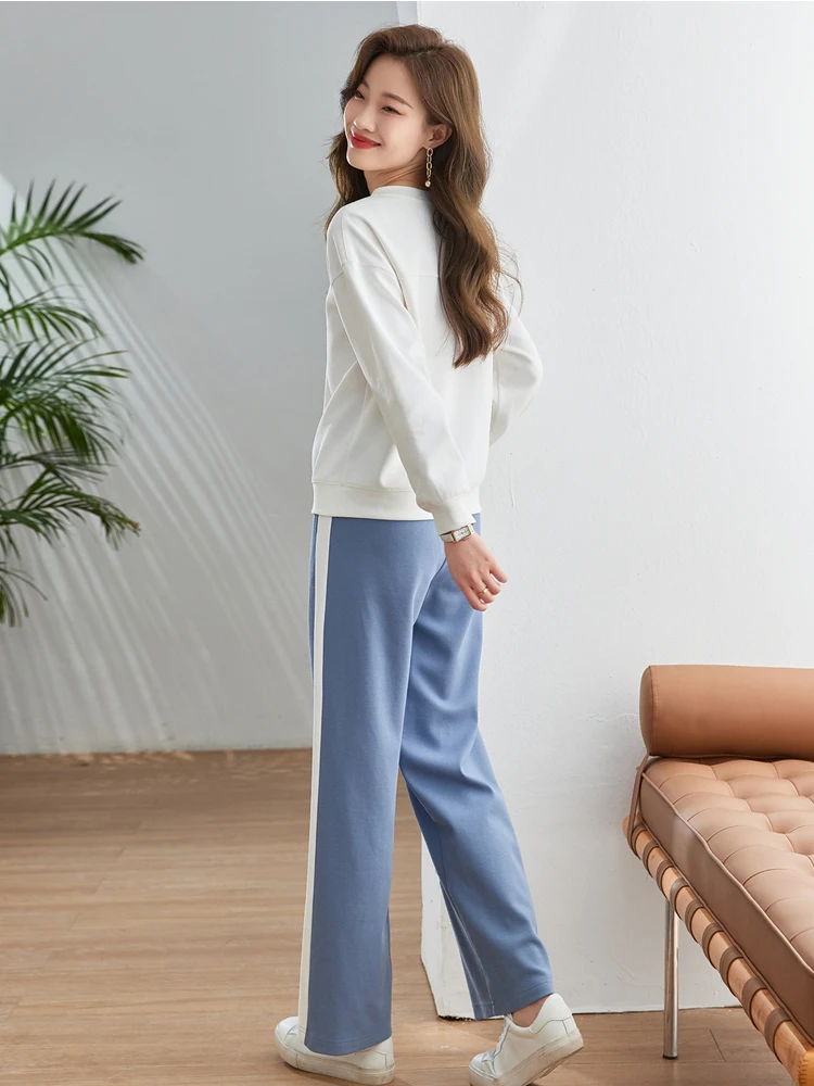 Vimly Loose Fit White Sweatshirt Tracksuit Two Piece Sets for Women 2023 Autumn Casual Outfits Elastic Waist Wide Sweat Pants