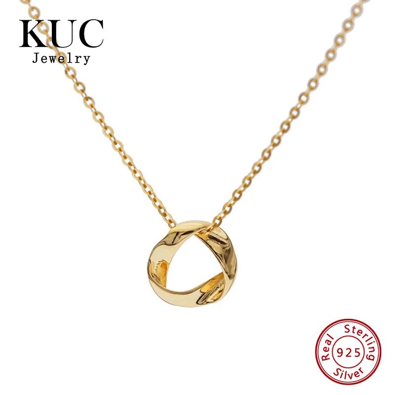 

Korean Minimalist Fine Jewelry 925 Sterling Silver Simple Vintage Twisty Mobius Circle Pendant Necklaces for Women