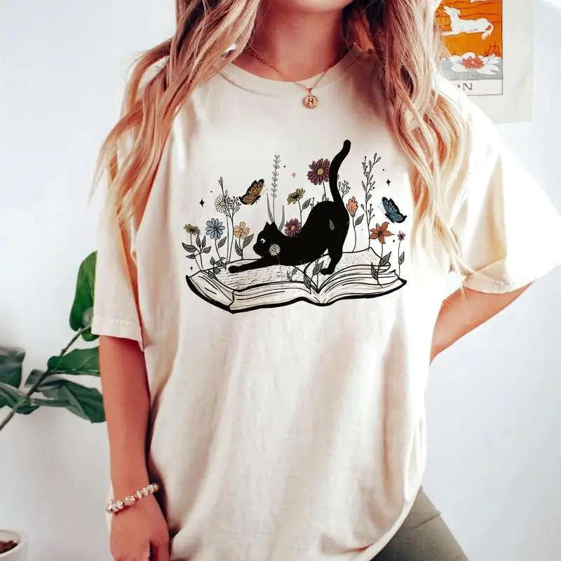 

Floral Cat T Shirt Lover Cute Book Vintage Natural