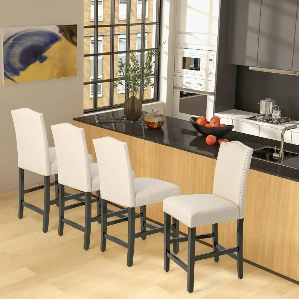 Bar Stools, Linen Upholstered Counter Height Chairs with Solid Rubber Wood Legs, 25” Kitchen Island Wood Bar Chairs