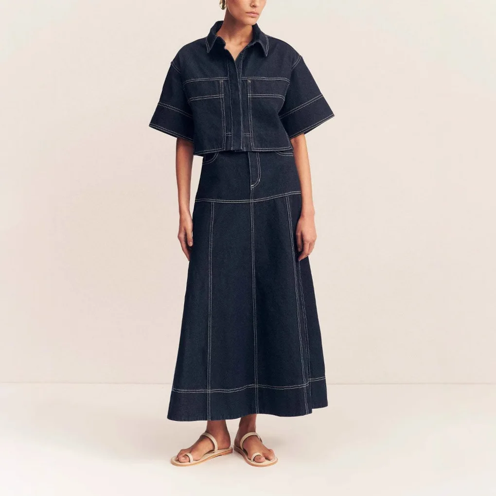 Skirt Suit Women Denim Shirt Long Skirts 2 Piece Sets Washed Vintage Ensemble Single Breasted Overshirt Top Summer Outfits
