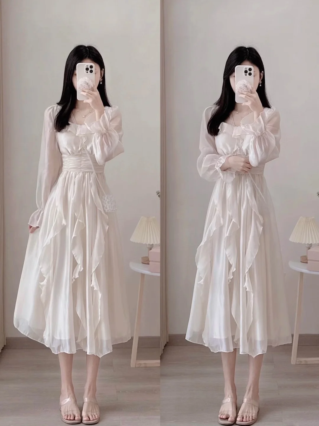 Elegant White Long Sleeve Princess Dress Women\'s High Waist A-Line Skirt Spring Autumn Season Sweet Style Tea Break Dress