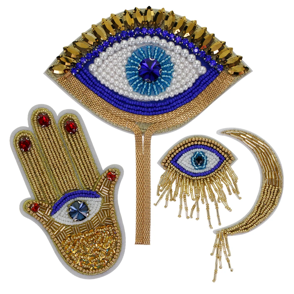 Moon Hand Eye Sew on Patch ricamato Bead strass Applique vestiti fotocamera indumento Badge accessori di abbigliamento