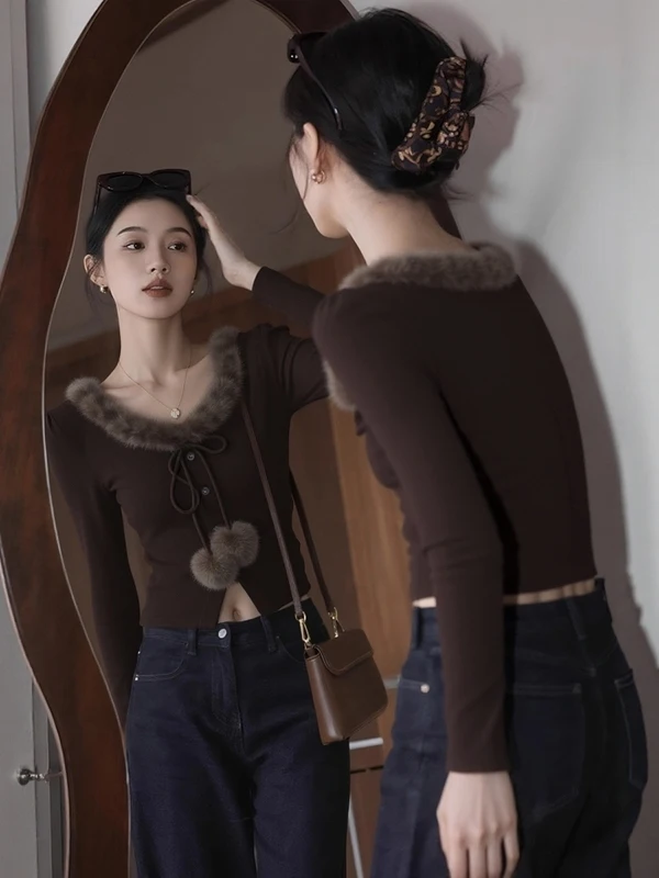 

Slimming Effect Autumn Winter Design Patchwork Fur Collar Fitted Base irt Women Inner Split Waist Inward Long Sve Top