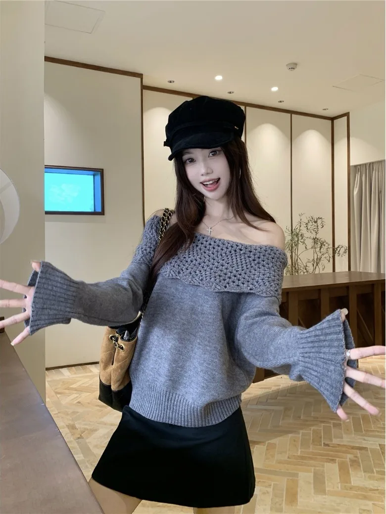 المرأة الخريف الشتاء الجوف خارج الدانتيل oulder محبوك سترة لينة مريحة الأبيض التعرض أعلى عالية الإحساس الحليب الجبن الأصفر #2