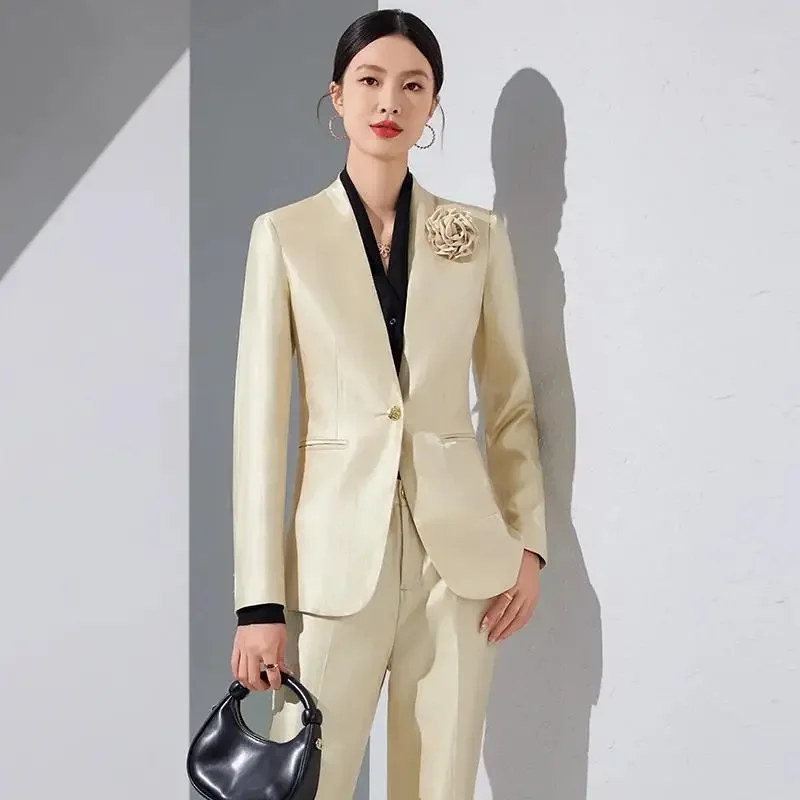 Pop Women Blazer Pants Sets Gold Appliques Two Pieces 2024 Autumn Work Wear Trousers Formal Solid Color Long Sleeve Tops Pantsui