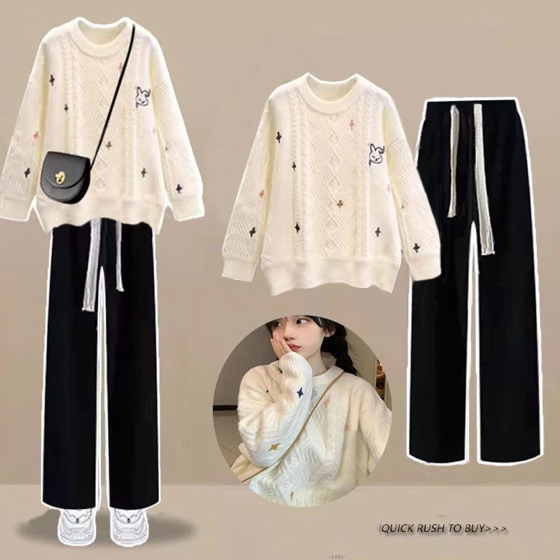 2023 Autumn Winter Women Matching Sets Cute Rabbit Sweater Pullover Slim Flare Pants 2 Piece Suit Korean Lady Knit Tops Trousers