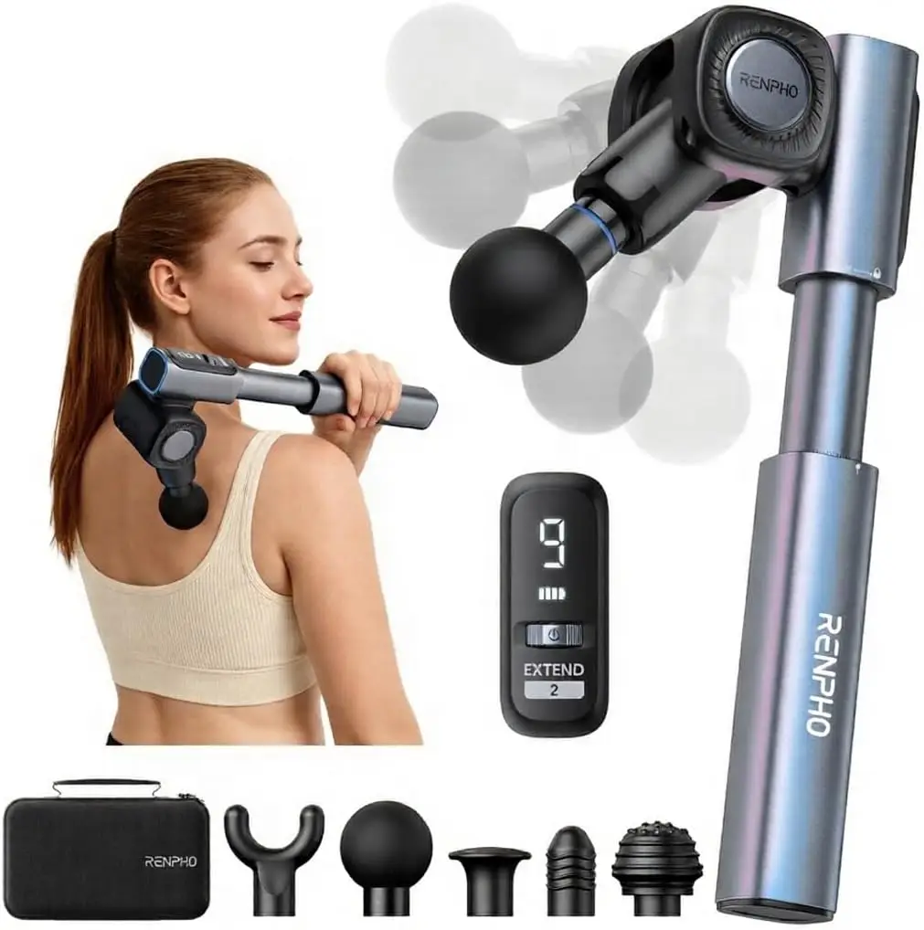 

Foldable Massage Gun with Extension Handle for Back, 0-90° Adjustable Angle, Handheld Percussion Deep Tissue Massager 9mm Amplitude Pain Relief