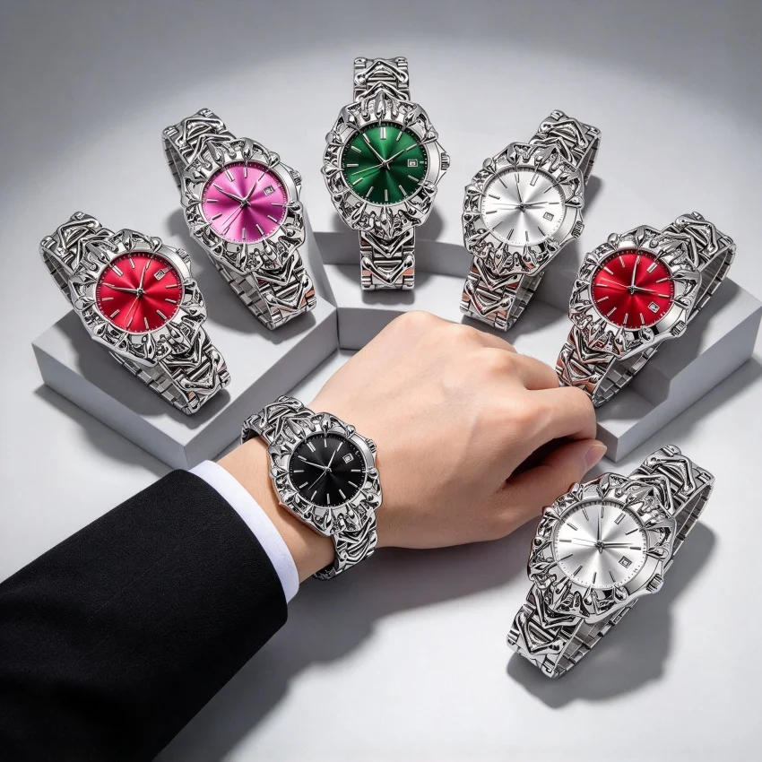 Claw Bezel Men Quartz Watch Sculpted Relief Sunray Dial Six Colors, Metal Bracelet Zinc Alloy Case Y2K Cyberpunk Futuristic