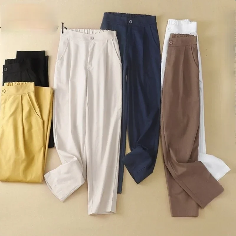 

Women's Linen Cotton Pants Capri Vintage Casual Waisted Classic Harem Pants for Women Summer White Calf-length Trousers 15502