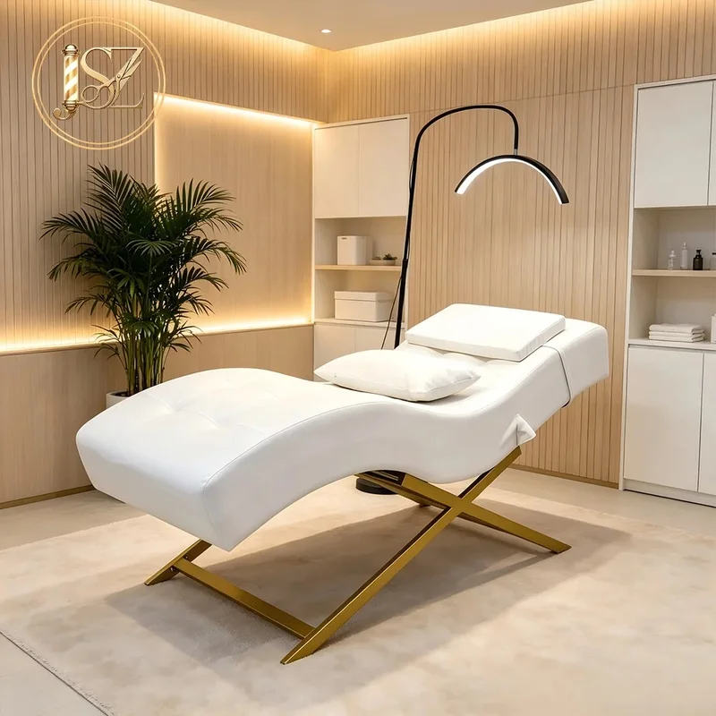 Modern White Gold Beauty Salon Furniture Curved Facial Spa Bed Electric Saloon Reclining Cosmetic Lash Bed