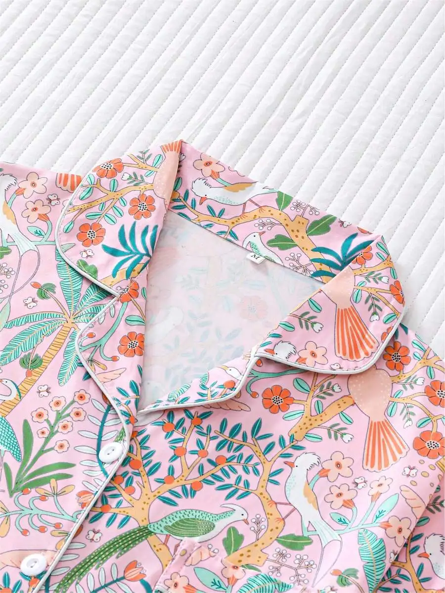 

Women Floral Bird Print Pajama Set Short Sleeve Lapel Button Top Loose Elastic Waist Shorts Sleepwear
