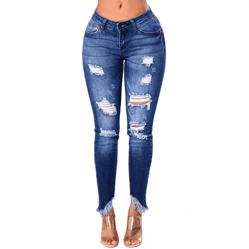 

Women Casual Jeans Capris Pant Ripped Tassels Knee Holes Distressed Vintage Bleached Low Waist High Elastic High Quality 90Y51