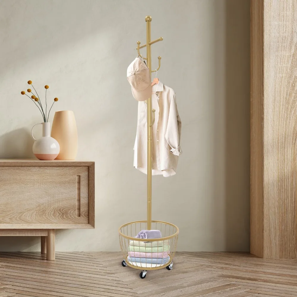 

Freestanding Coat Rack with Wheels Modern Entryway Coat Hanger Stand with Storage Basket and 6 Hooks for Hallways Corner (Gold)