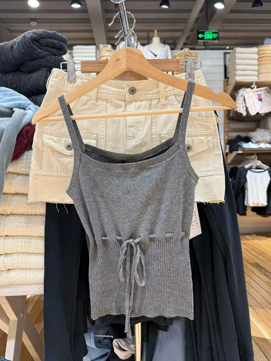 

Lace-up Knitted Tank Top for Woman Summer Deep Grey Cotton Camisole Female Casual Simple Solid All-match Preppy Style Basic Tops