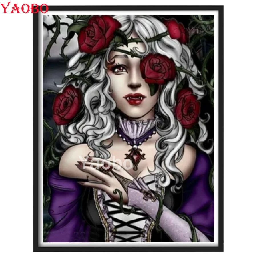 Diamond Embroidery Vampire woman rose Full Square Round Diamond Painting Cross Stitch Mosaic Girl Rhinestone Picture Art