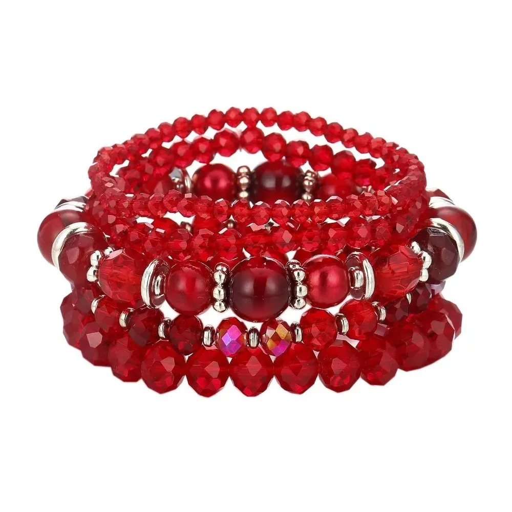 Elastic Stretch Layered Bracelet Glass Bead Bohemian Style Stackable Bracelet Faceted Adjustable Multi-Strand Bracelet