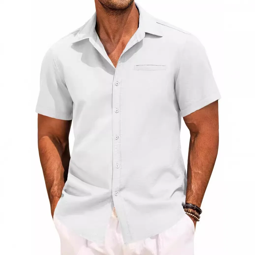 

Men's Summer Casual Short Sleeve Shirt Solid Color Lapel Slim Fit Chest Pocket Shirt Work Clothes Man Short Sleeve Shirt